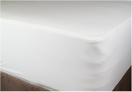 White fitted waterproof mattress protector stretched over the corner of a mattress