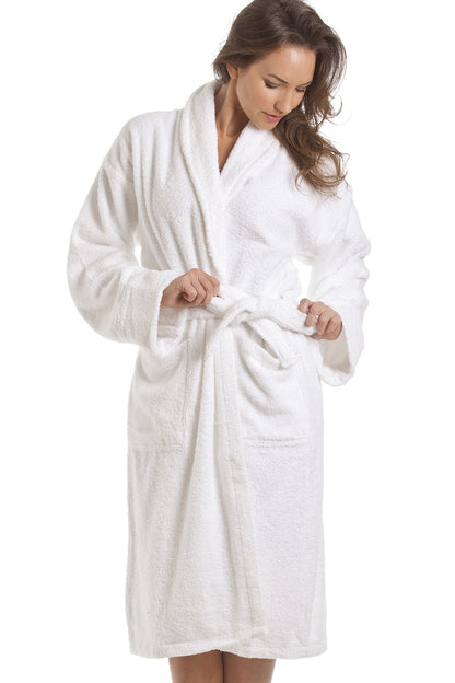 ecoLinen - woman white bathrobe tying robe closed